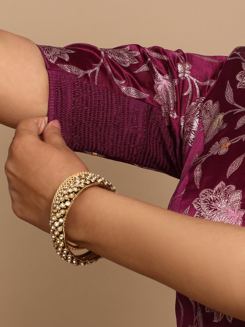 Zaina x Tyohaar | Elbow Sleeves Satin Viscose Saree Blouse in Violet Meenakari Fabric-Binks