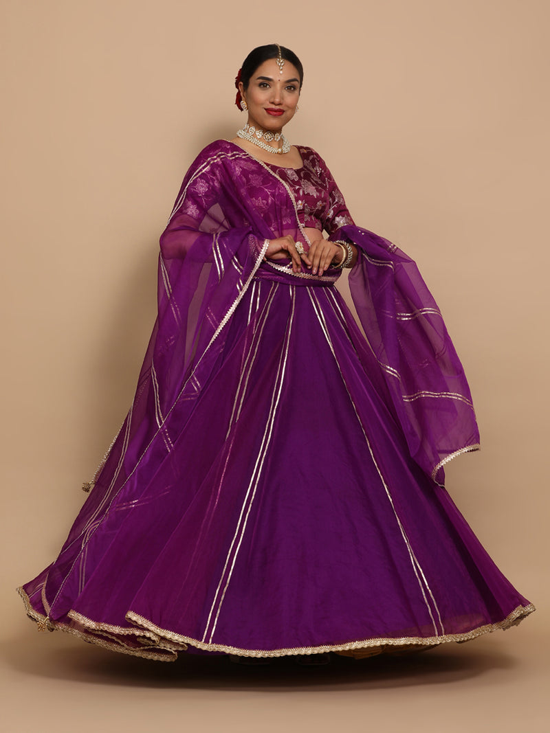 Zaina x Tyohaar | Elbow Sleeves Satin Viscose Saree Blouse in Violet Meenakari Fabric-Binks