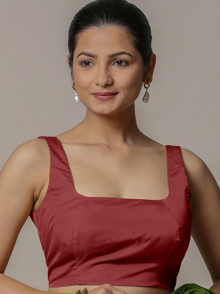 Zeba x Rozaana Saree Blouse, in Red Vegan Silk, featuring sleeveless and square neckline, made for party & festive.