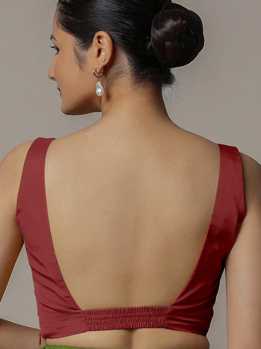 Zeba x Rozaana Saree Blouse, in Red Vegan Silk, featuring sleeveless and square neckline, made for party & festive (view 2).