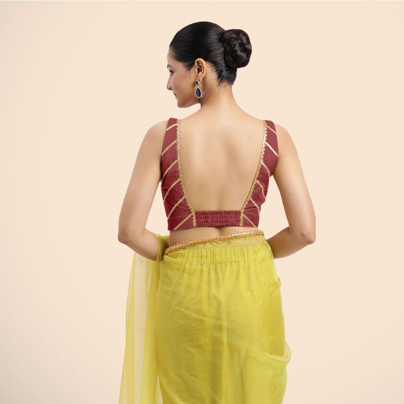 Zeba x Tyohaar | Auburn Red Sleeveless FlexiFit™ Saree Blouse with Square Neck with Golden Gota Lace and Deep Back-Binks
