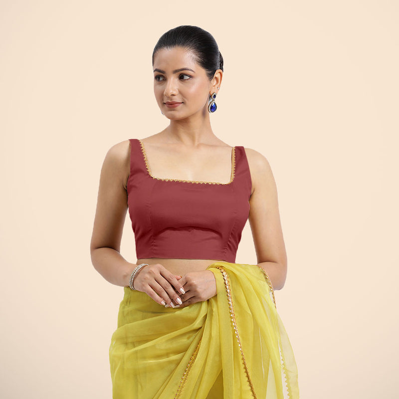 Zeba x Tyohaar | Auburn Red Sleeveless FlexiFit™ Saree Blouse with Square Neck with Golden Gota Lace and Deep Back-Binks