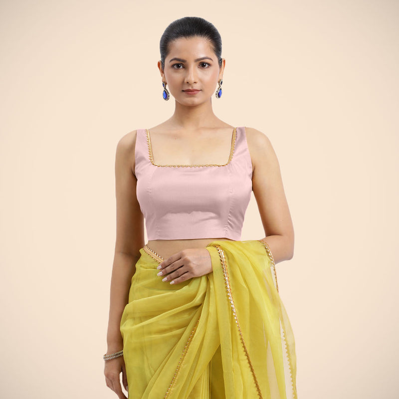 Zeba x Tyohaar | Sleeveless Baby Pink FlexiFit™ Gota Embellished Saree Blouse with Square Neck-Binks