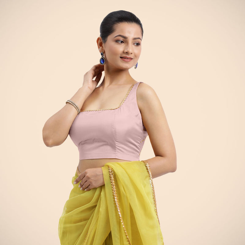 Zeba x Tyohaar | Sleeveless Baby Pink FlexiFit™ Gota Embellished Saree Blouse with Square Neck-Binks
