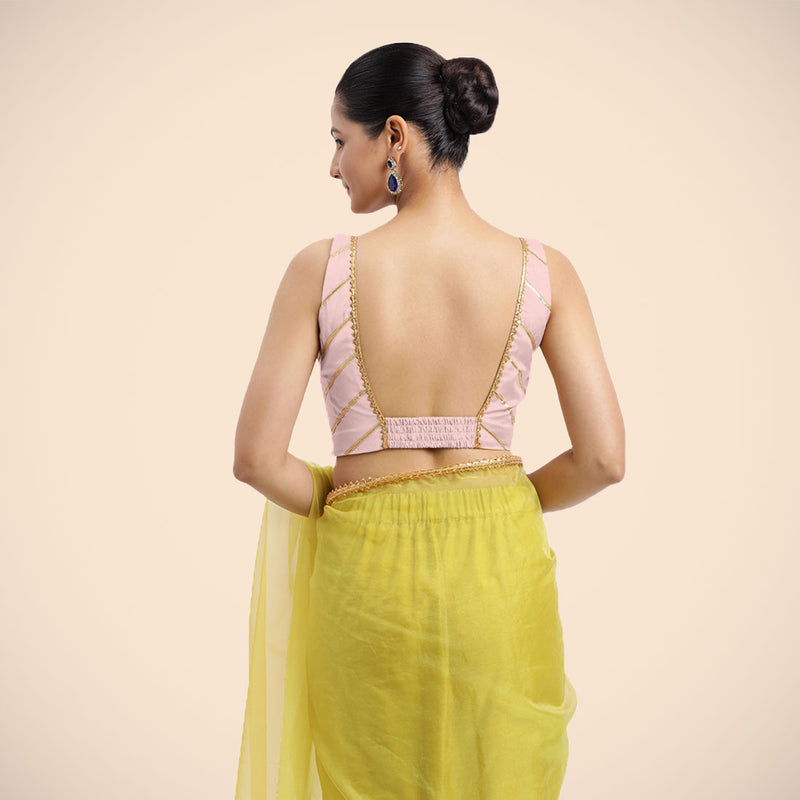 Zeba x Tyohaar | Sleeveless Baby Pink FlexiFit™ Gota Embellished Saree Blouse with Square Neck-Binks