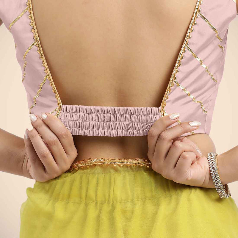 Zeba x Tyohaar | Sleeveless Baby Pink FlexiFit™ Gota Embellished Saree Blouse with Square Neck-Binks