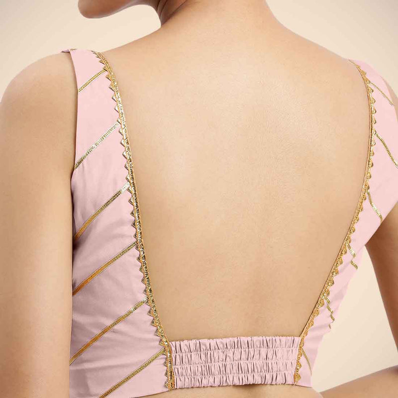 Zeba x Tyohaar | Sleeveless Baby Pink FlexiFit™ Gota Embellished Saree Blouse with Square Neck-Binks