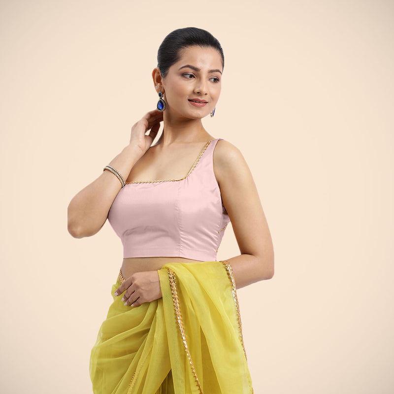 Zeba x Tyohaar | Sleeveless Baby Pink FlexiFit™ Gota Embellished Saree Blouse with Square Neck-Binks