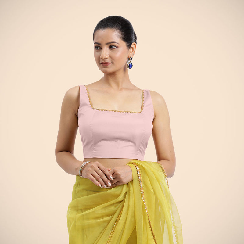 Zeba x Tyohaar | Sleeveless Baby Pink FlexiFit™ Gota Embellished Saree Blouse with Square Neck-Binks