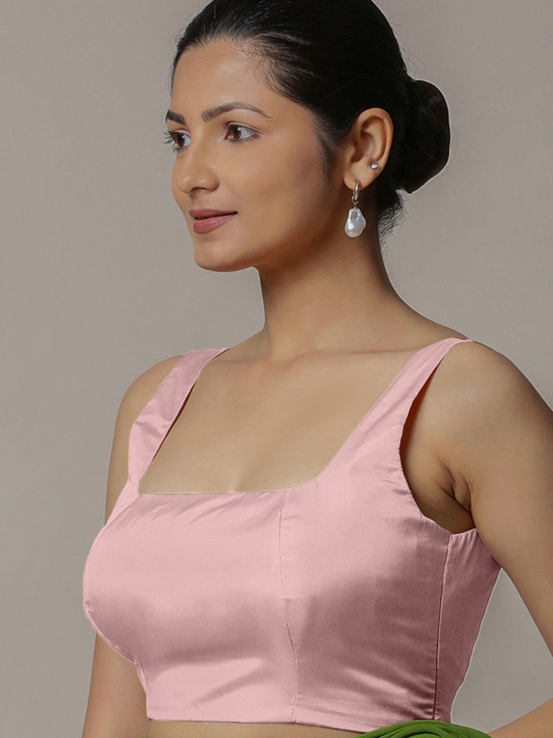Zeba x Rozaana | Sleeveless Baby Pink FlexiFit™ Saree Blouse with Square Neck-Binks