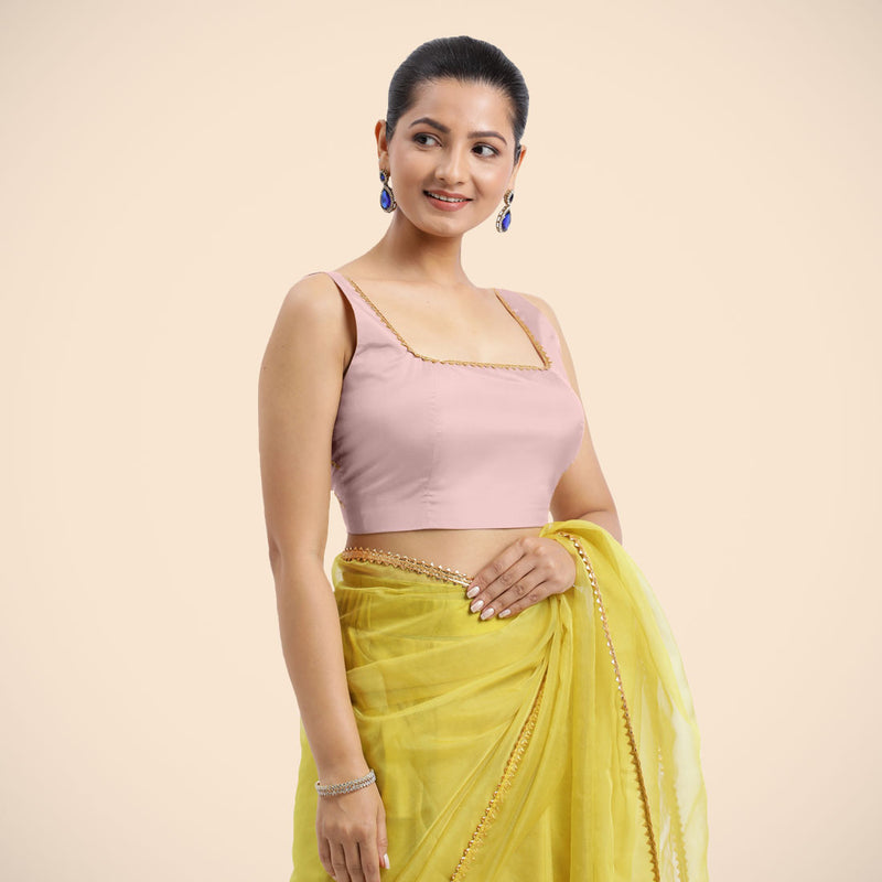 Zeba x Tyohaar | Sleeveless Baby Pink FlexiFit™ Gota Embellished Saree Blouse with Square Neck-Binks