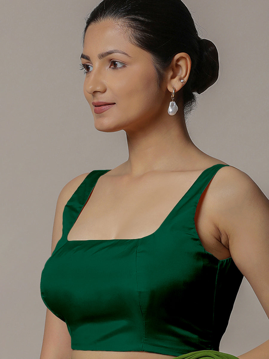 Zeba x Rozaana Saree Blouse, in Green Vegan Silk, featuring sleeveless and square neckline, made for party & festive.