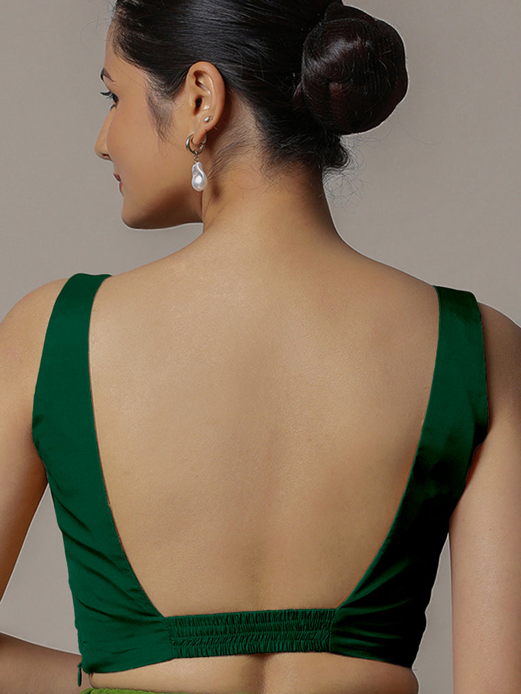 Zeba x Rozaana Saree Blouse, in Green Vegan Silk, featuring sleeveless and square neckline, made for party & festive (view 2).