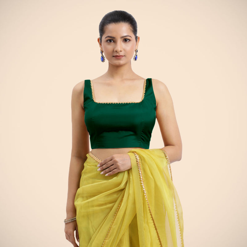 Zeba x Tyohaar | Bottle Green Sleeveless FlexiFit™ Saree Blouse with Square Neck with Golden Gota Lace and Deep Back-Binks