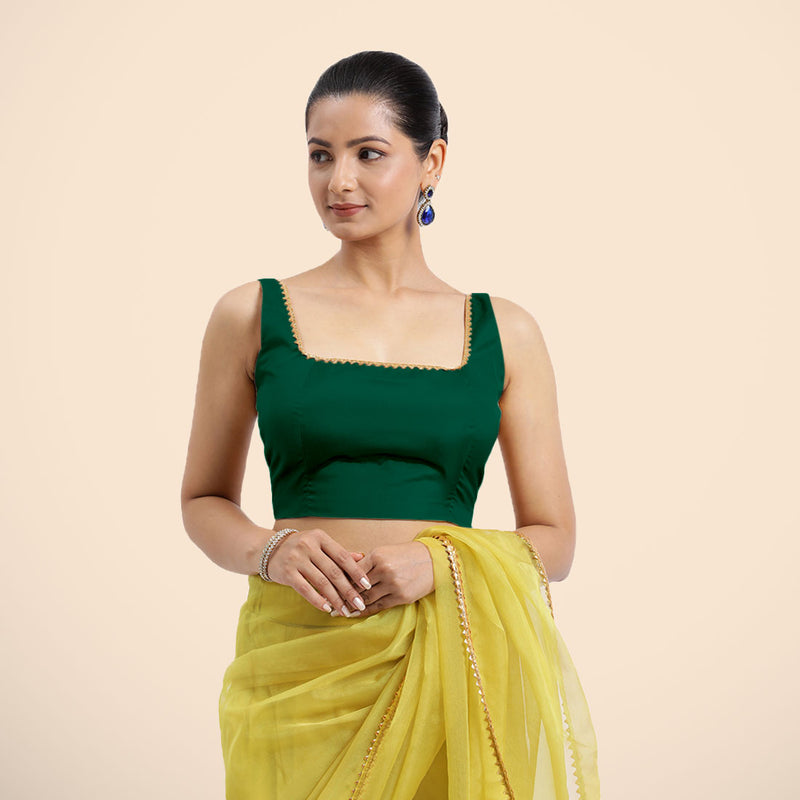 Zeba x Tyohaar | Bottle Green Sleeveless FlexiFit™ Saree Blouse with Square Neck with Golden Gota Lace and Deep Back-Binks