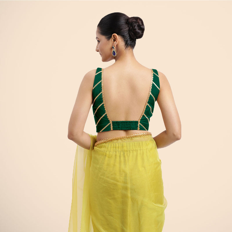 Zeba x Tyohaar | Bottle Green Sleeveless FlexiFit™ Saree Blouse with Square Neck with Golden Gota Lace and Deep Back-Binks