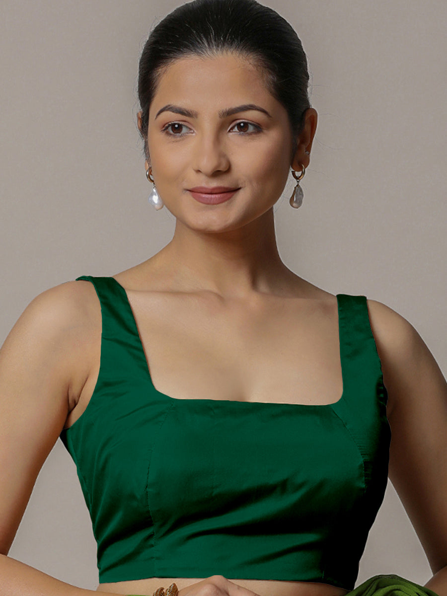 Zeba x Rozaana Saree Blouse, in Green Vegan Silk, featuring sleeveless and square neckline, made for party & festive (view 7).