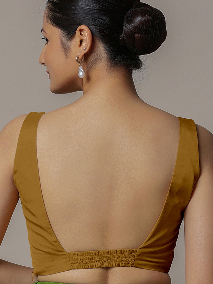 Zeba x Rozaana Saree Blouse, in Gold Vegan Silk, featuring sleeveless and square neckline, made for party & festive (view 2).