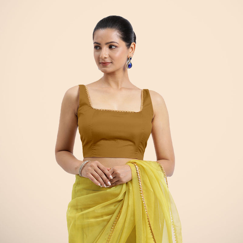 Zeba x Tyohaar | Bronze Gold Sleeveless FlexiFit™ Saree Blouse with Square Neck with Golden Gota Lace and Deep Back-Binks