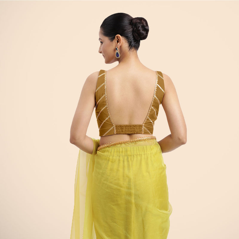 Zeba x Tyohaar | Bronze Gold Sleeveless FlexiFit™ Saree Blouse with Square Neck with Golden Gota Lace and Deep Back-Binks