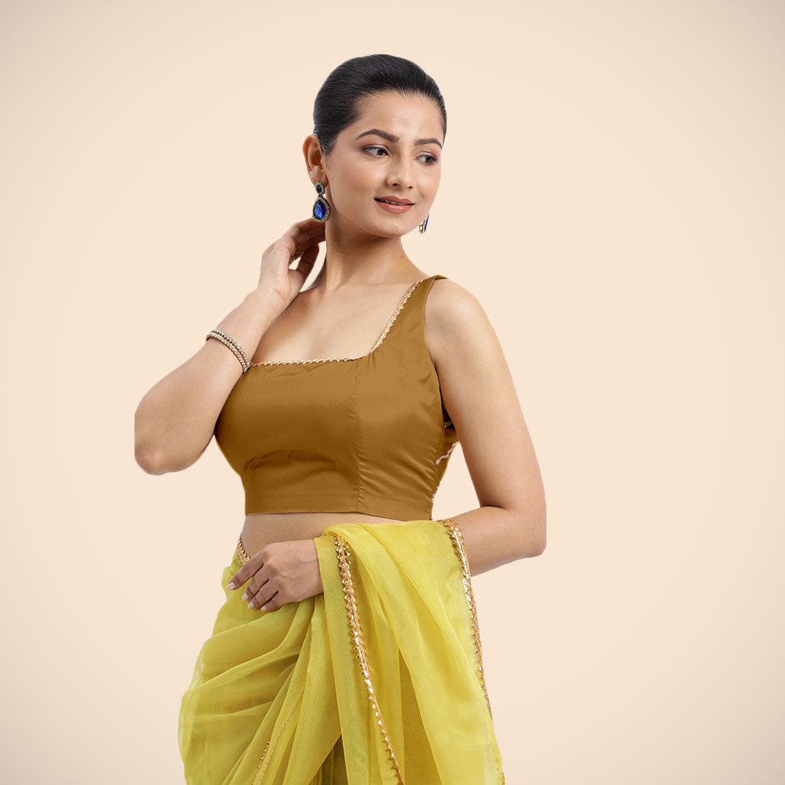 Zeba x Tyohaar Saree Blouse, in Gold Vegan Silk, featuring sleeveless and square neckline, made for party & festive (view 6).