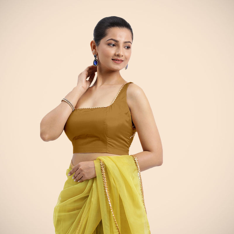 Zeba x Tyohaar | Bronze Gold Sleeveless FlexiFit™ Saree Blouse with Square Neck with Golden Gota Lace and Deep Back-Binks