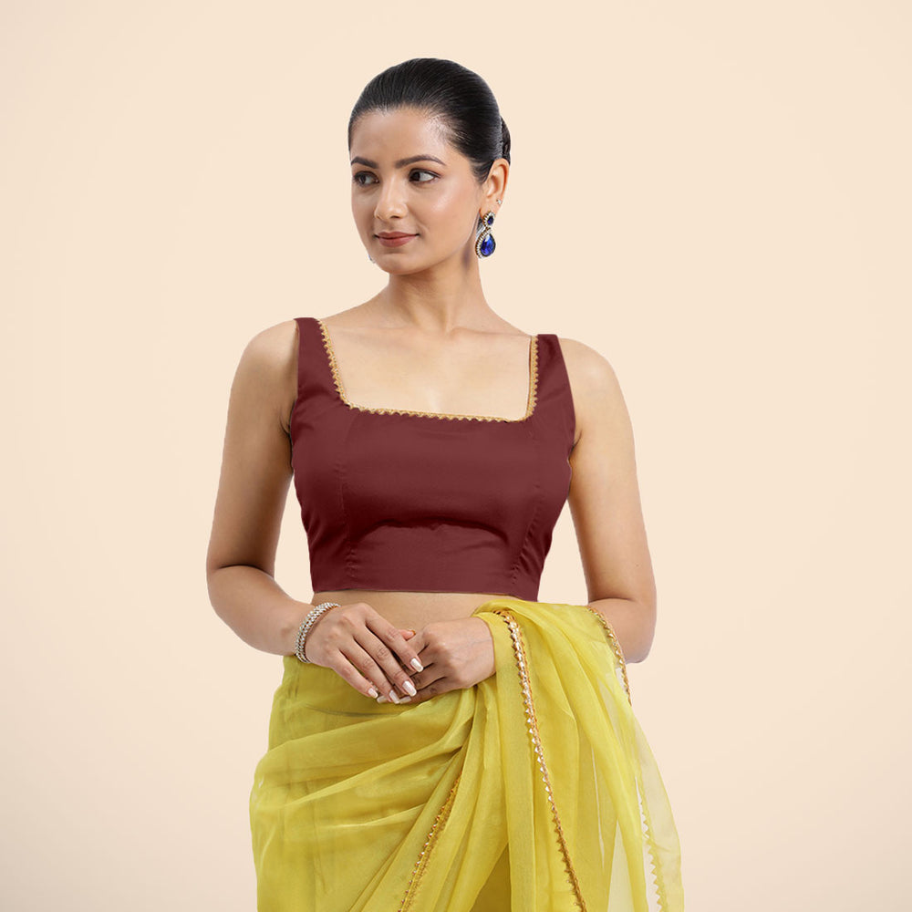 Zeba x Tyohaar | Burgundy Sleeveless FlexiFit™ Saree Blouse with Square Neck with Golden Gota Lace and Deep Back