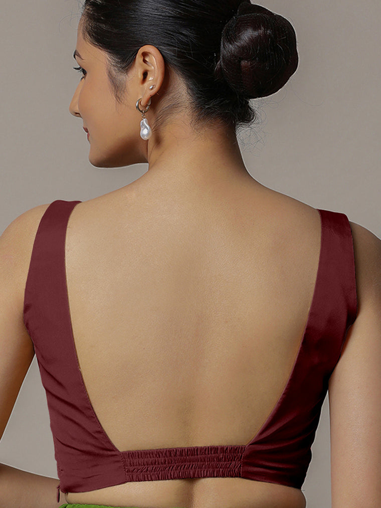 Zeba x Rozaana Saree Blouse, in Maroon Vegan Silk, featuring sleeveless and square neckline, made for party & festive (view 2).