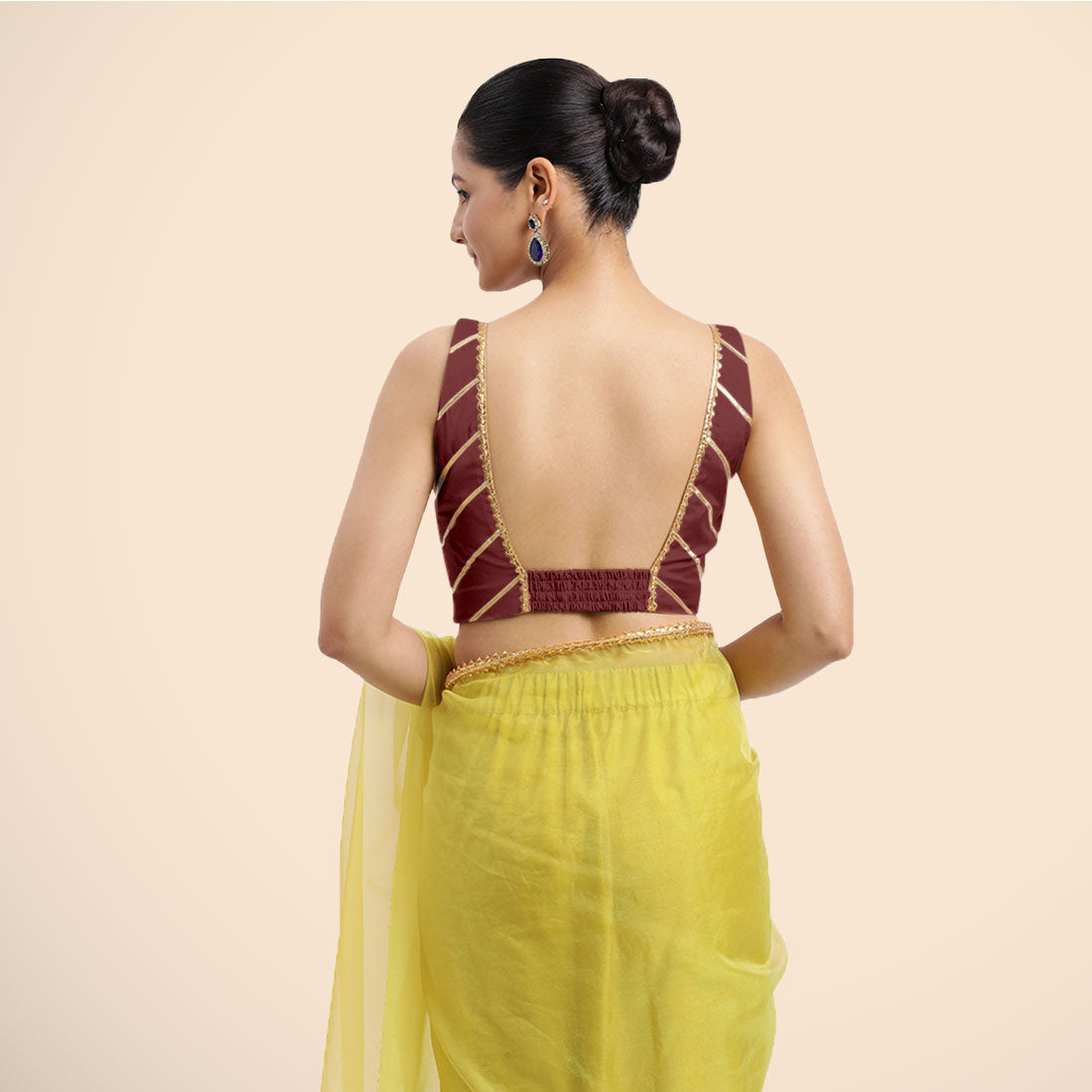 Zeba x Tyohaar Saree Blouse, in Maroon Vegan Silk, featuring sleeveless and square neckline, made for party & festive (view 2).