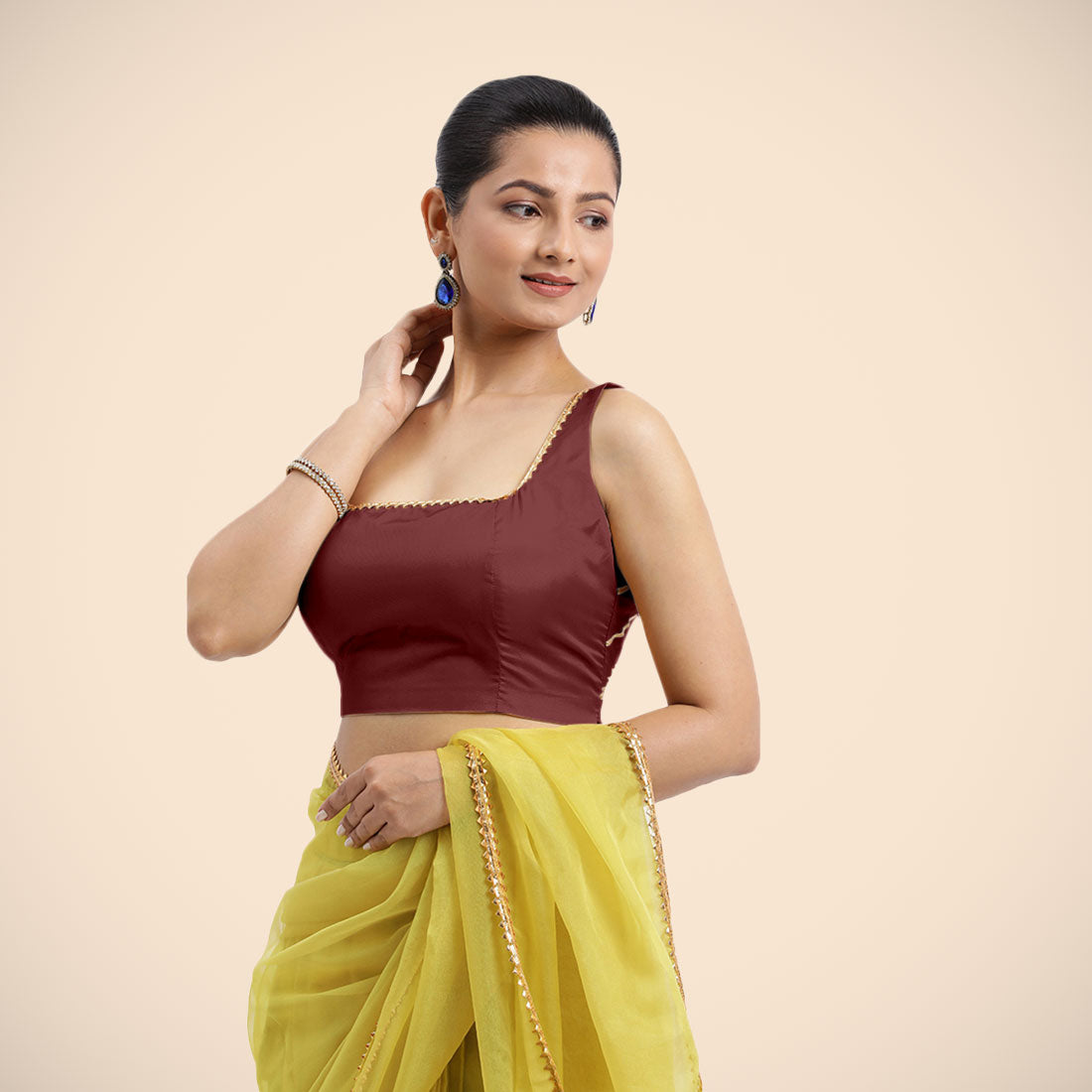 Zeba x Tyohaar Saree Blouse, in Maroon Vegan Silk, featuring sleeveless and square neckline, made for party & festive (view 5).