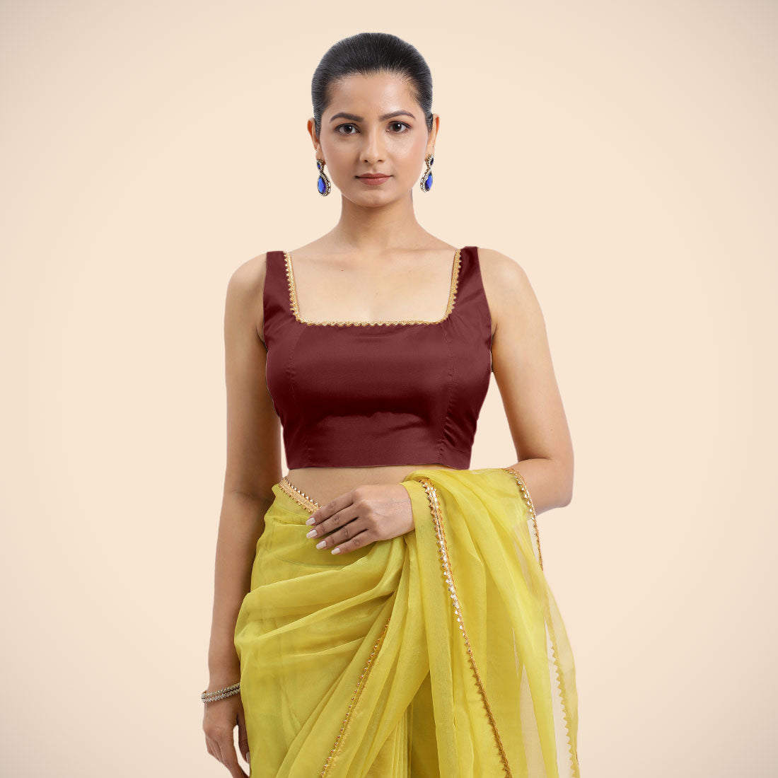 Zeba x Tyohaar Saree Blouse, in Maroon Vegan Silk, featuring sleeveless and square neckline, made for party & festive (view 6).
