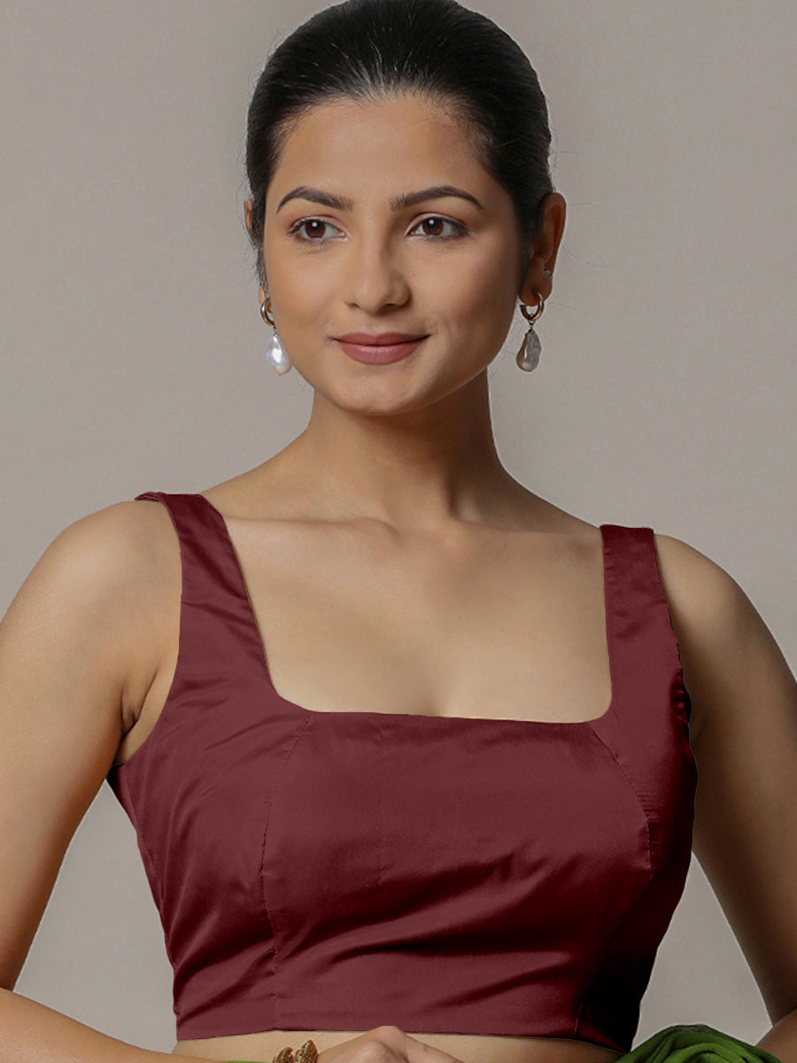 Zeba x Rozaana Saree Blouse, in Maroon Vegan Silk, featuring sleeveless and square neckline, made for party & festive (view 7).