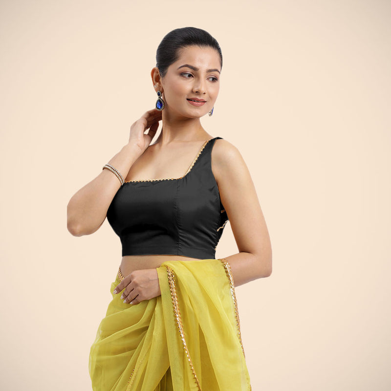 Zeba x Tyohaar | Charcoal Black Sleeveless FlexiFit™ Saree Blouse with Square Neck with Golden Gota Lace and Deep Back-Binks
