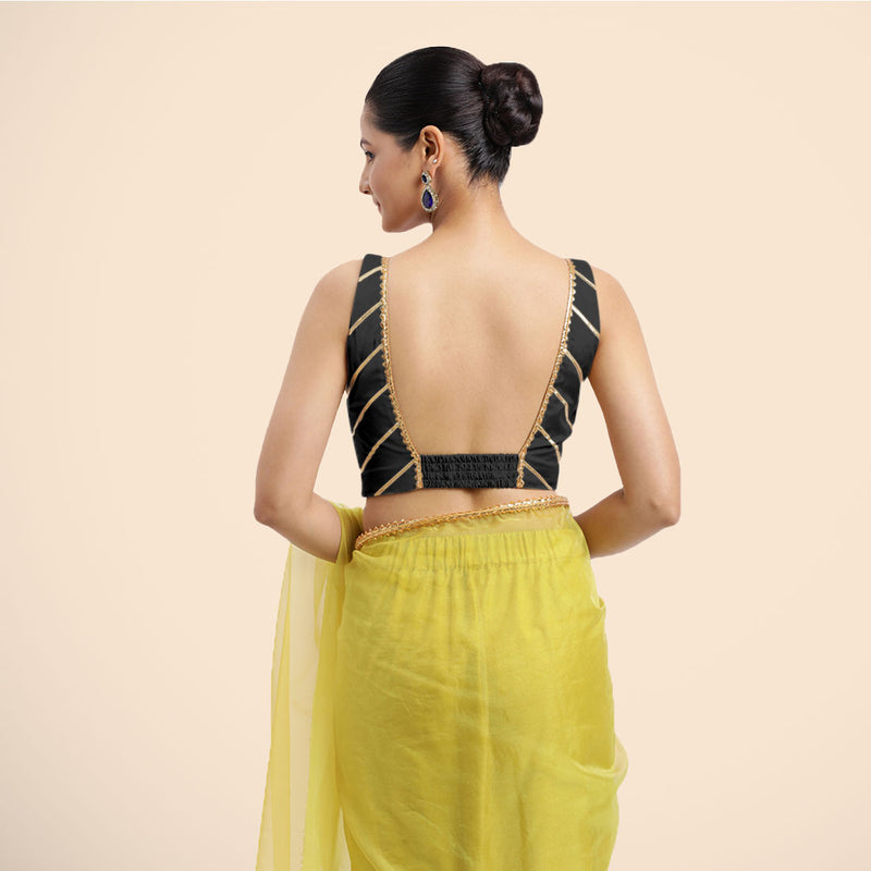 Zeba x Tyohaar | Charcoal Black Sleeveless FlexiFit™ Saree Blouse with Square Neck with Golden Gota Lace and Deep Back-Binks