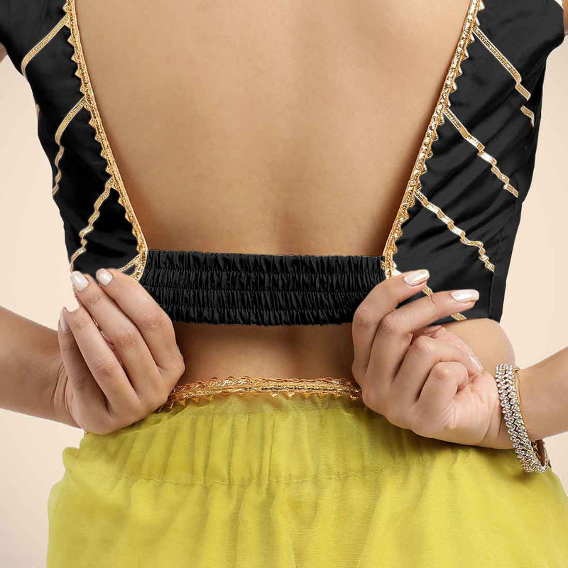 Zeba x Tyohaar | Charcoal Black Sleeveless FlexiFit™ Saree Blouse with Square Neck with Golden Gota Lace and Deep Back-Binks