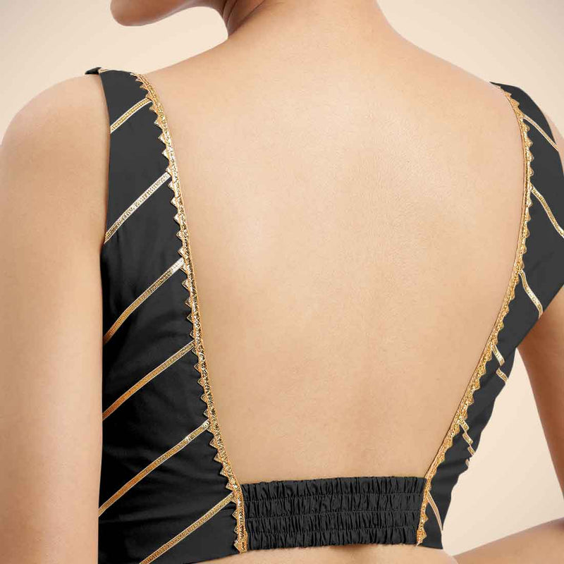 Zeba x Tyohaar | Charcoal Black Sleeveless FlexiFit™ Saree Blouse with Square Neck with Golden Gota Lace and Deep Back-Binks