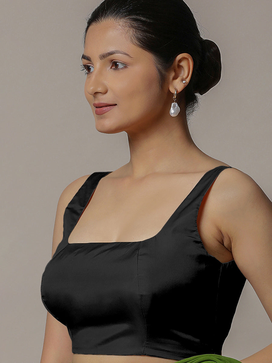 Zeba x Rozaana Saree Blouse, in Black Vegan Silk, featuring sleeveless and square neckline, made for party & festive (view 5).