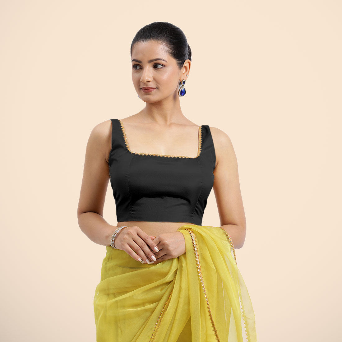 Zeba x Tyohaar Saree Blouse, in Black Vegan Silk, featuring sleeveless and square neckline, made for party & festive (view 6).