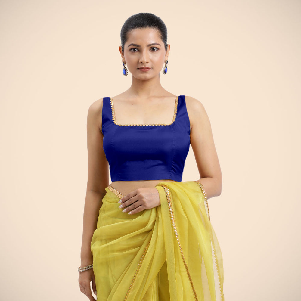 Zeba x Tyohaar | Cobalt Blue Sleeveless FlexiFit™ Saree Blouse with Square Neck with Golden Gota Lace and Deep Back