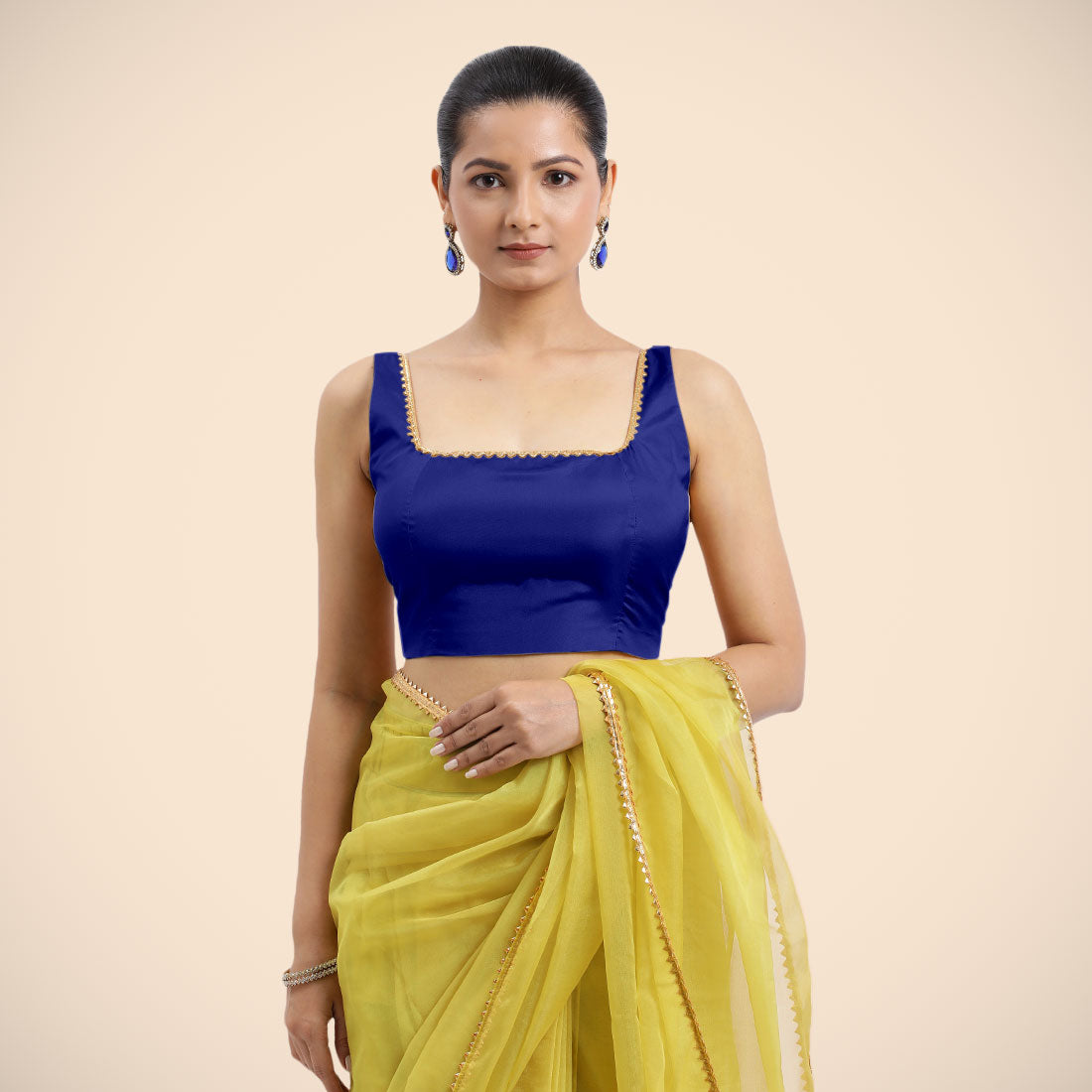 Zeba x Tyohaar Saree Blouse, in Blue Vegan Silk, featuring sleeveless and square neckline, made for party & festive.