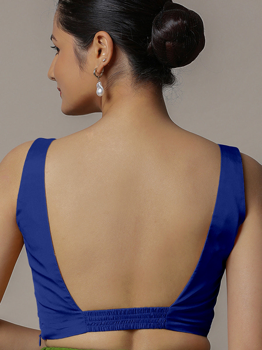 Zeba x Rozaana Saree Blouse, in Blue Vegan Silk, featuring sleeveless and square neckline, made for party & festive (view 2).