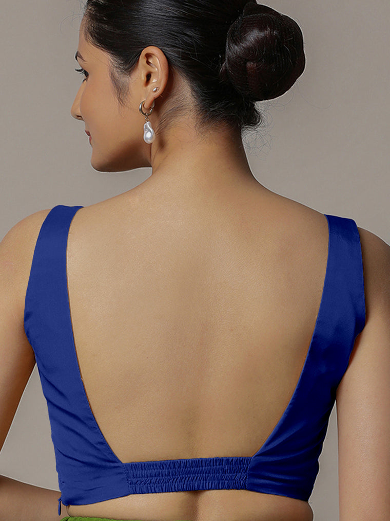 Zeba x Rozaana Saree Blouse, in Blue Vegan Silk, featuring sleeveless and square neckline, made for party & festive (view 2).