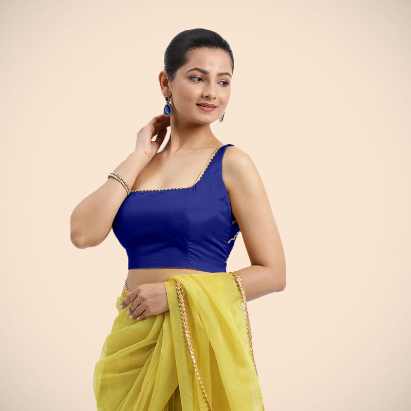 Zeba x Tyohaar | Cobalt Blue Sleeveless FlexiFit™ Saree Blouse with Square Neck with Golden Gota Lace and Deep Back-Binks