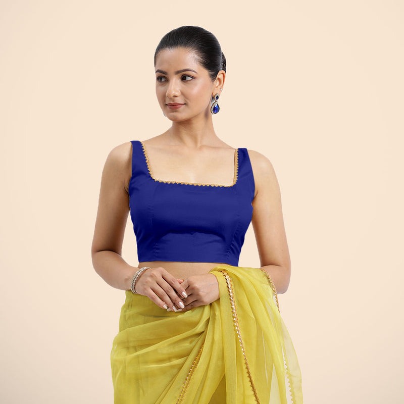 Zeba x Tyohaar | Cobalt Blue Sleeveless FlexiFit™ Saree Blouse with Square Neck with Golden Gota Lace and Deep Back-Binks