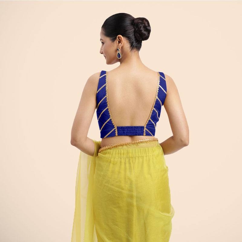 Zeba x Tyohaar | Cobalt Blue Sleeveless FlexiFit™ Saree Blouse with Square Neck with Golden Gota Lace and Deep Back-Binks