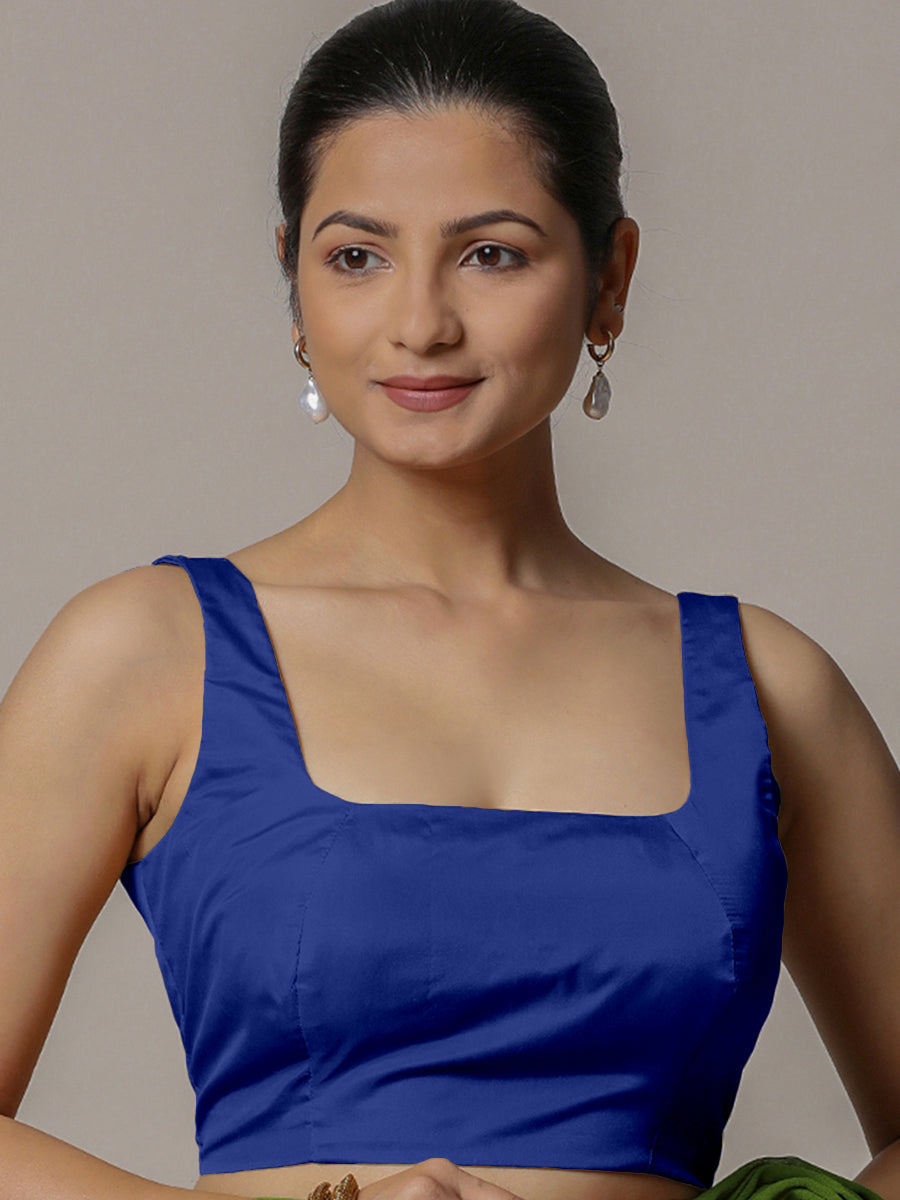 Zeba x Rozaana Saree Blouse, in Blue Vegan Silk, featuring sleeveless and square neckline, made for party & festive (view 7).