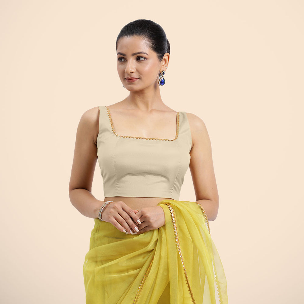 Zeba x Tyohaar | Cream Sleeveless FlexiFit™ Saree Blouse with Square Neck with Golden Gota Lace and Deep Back