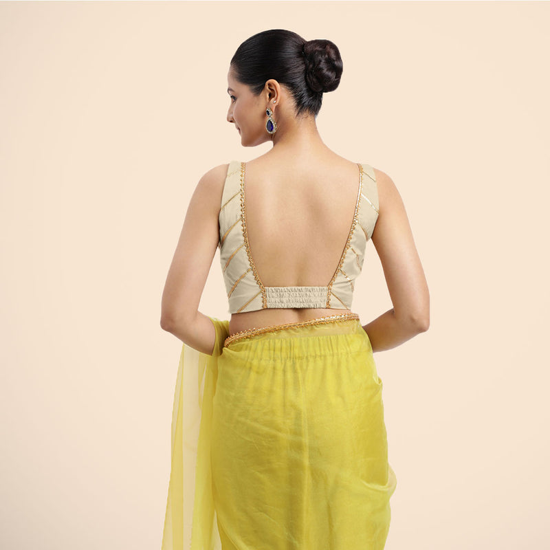 Zeba x Tyohaar | Cream Sleeveless FlexiFit™ Saree Blouse with Square Neck with Golden Gota Lace and Deep Back-Binks