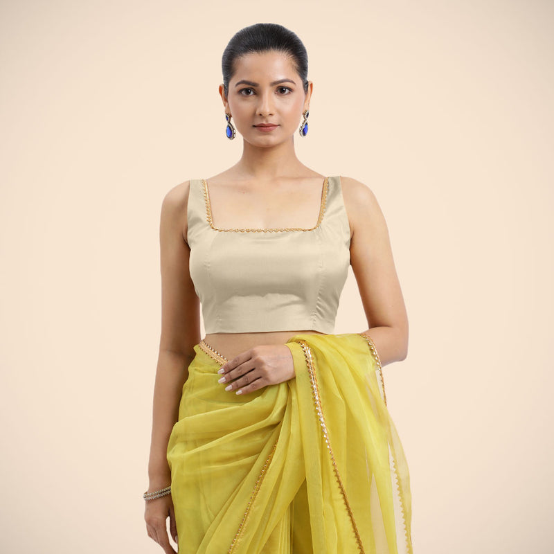 Zeba x Tyohaar | Cream Sleeveless FlexiFit™ Saree Blouse with Square Neck with Golden Gota Lace and Deep Back-Binks