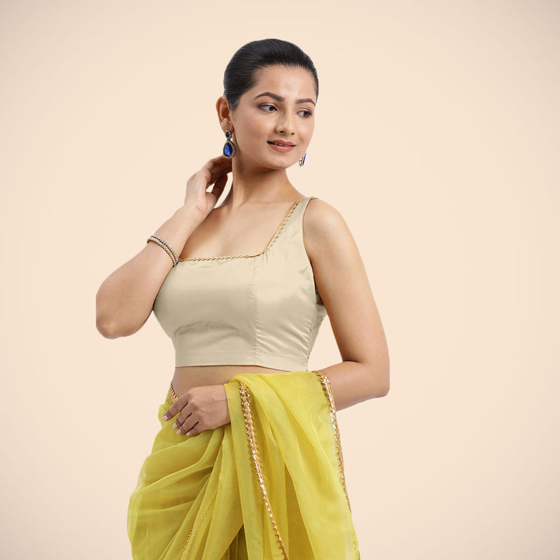 Zeba x Tyohaar | Cream Sleeveless FlexiFit™ Saree Blouse with Square Neck with Golden Gota Lace and Deep Back-Binks